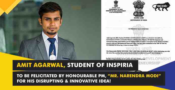 Prime Minister to Award Inspiria Student Selected as Top Ten Young Indian Entrepreneur